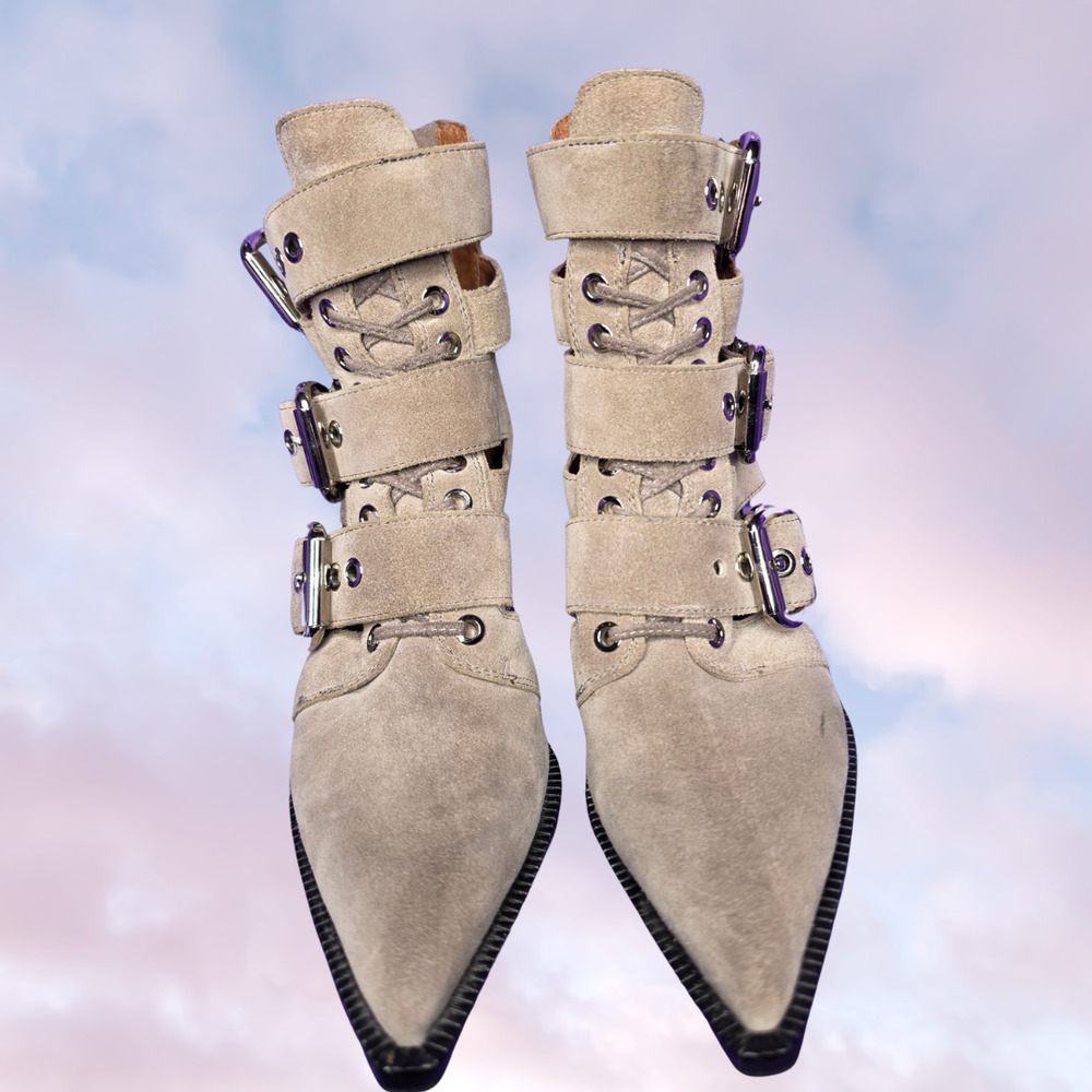 Jeffrey Campbell Caceres Gray Taupe Pointy Closed Toe Buckle Boho Goth Heel 6.5 - Picture 4 of 8